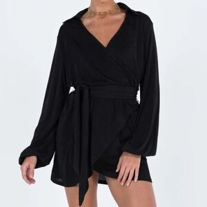 Princess Polly Black Long Sleeve Wrap Mini Dress Collared Size US 2